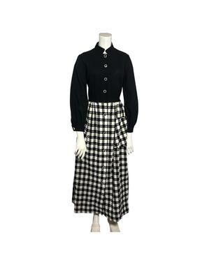 Vintage 70s Lounge Craft Black Houndstooth Midi Dress Button Front Long Sleeve S